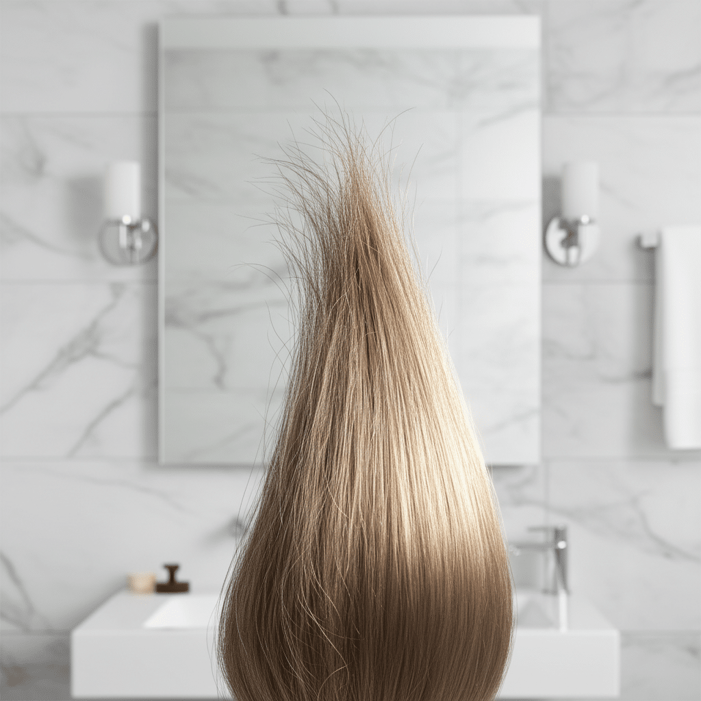 Mulher demonstrando o antes e depois de corrigir um erro na hidratação de cabelo, com uma mecha visivelmente saudável e outra ressecada.