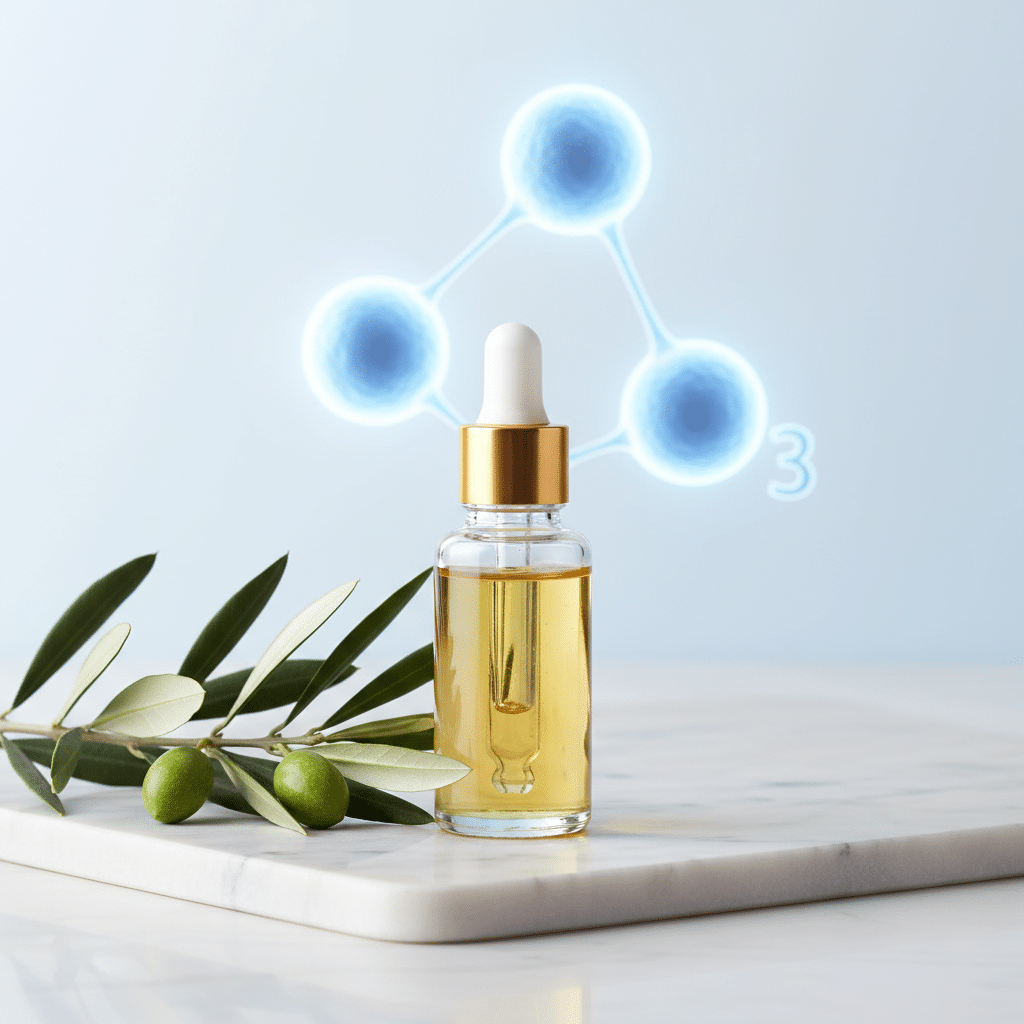 Um frasco de sérum de luxo representando o uso de ozônio em cosméticos, ao lado de um ramo de oliveira em uma bancada de mármore.