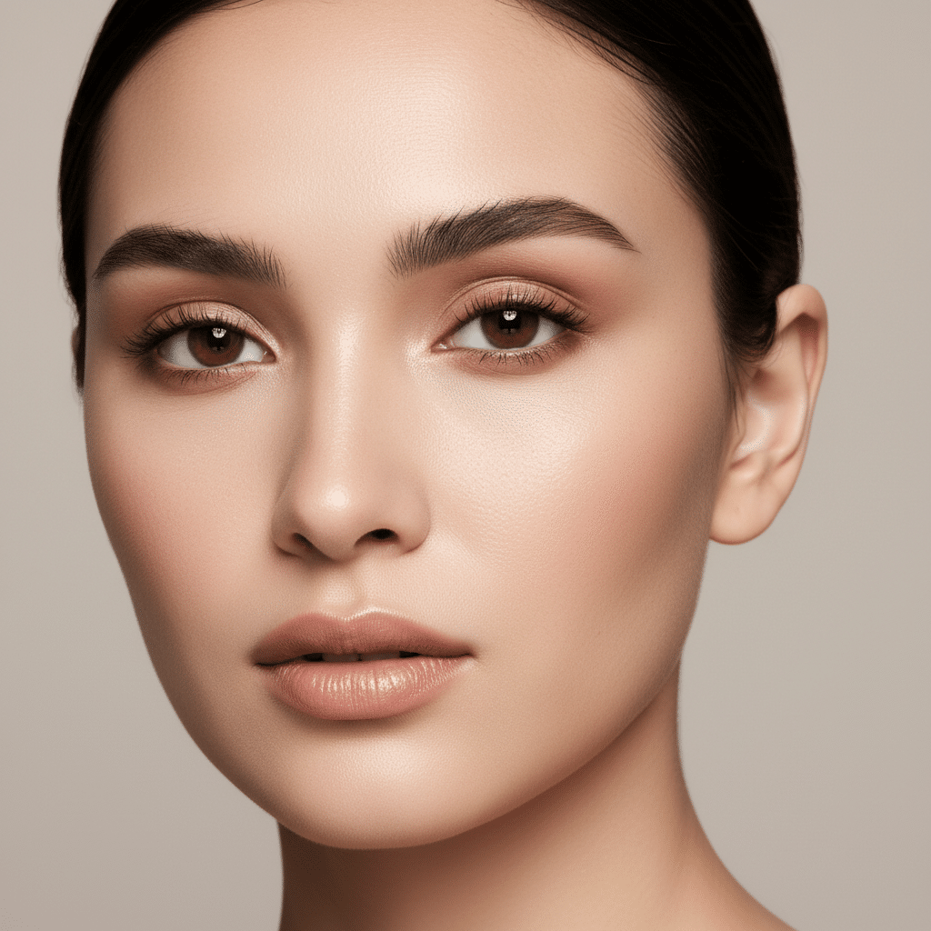 Mulher com pele de porcelana impecável demonstrando como selar a maquiagem de forma perfeita.
