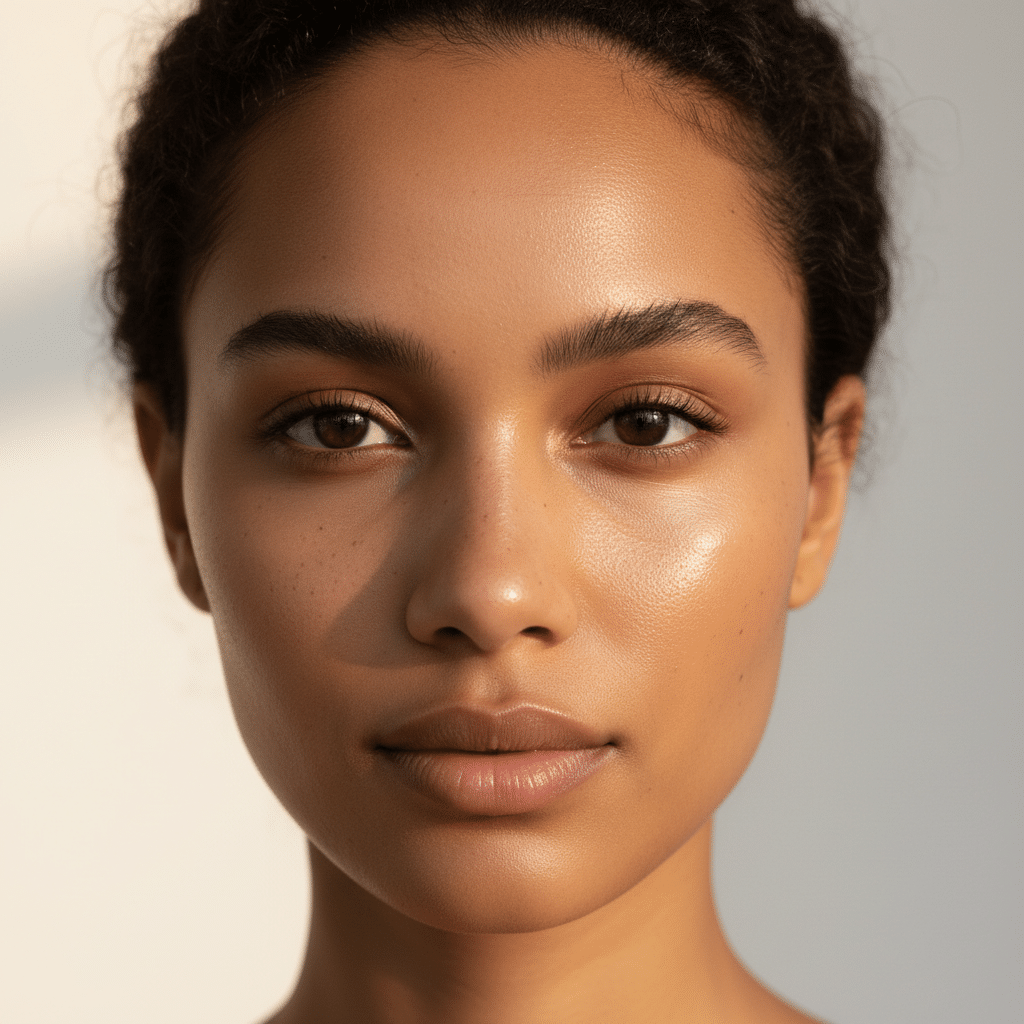 Retrato aproximado de uma mulher exibindo a tendência pele real com maquiagem minimalista e viço natural.