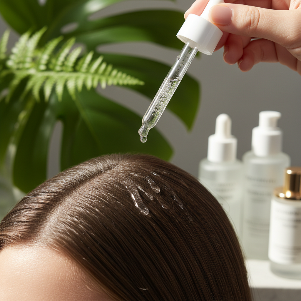 Processo de aplicação de sérum hidratante diretamente no couro cabeludo durante uma rotina de skinification capilar.